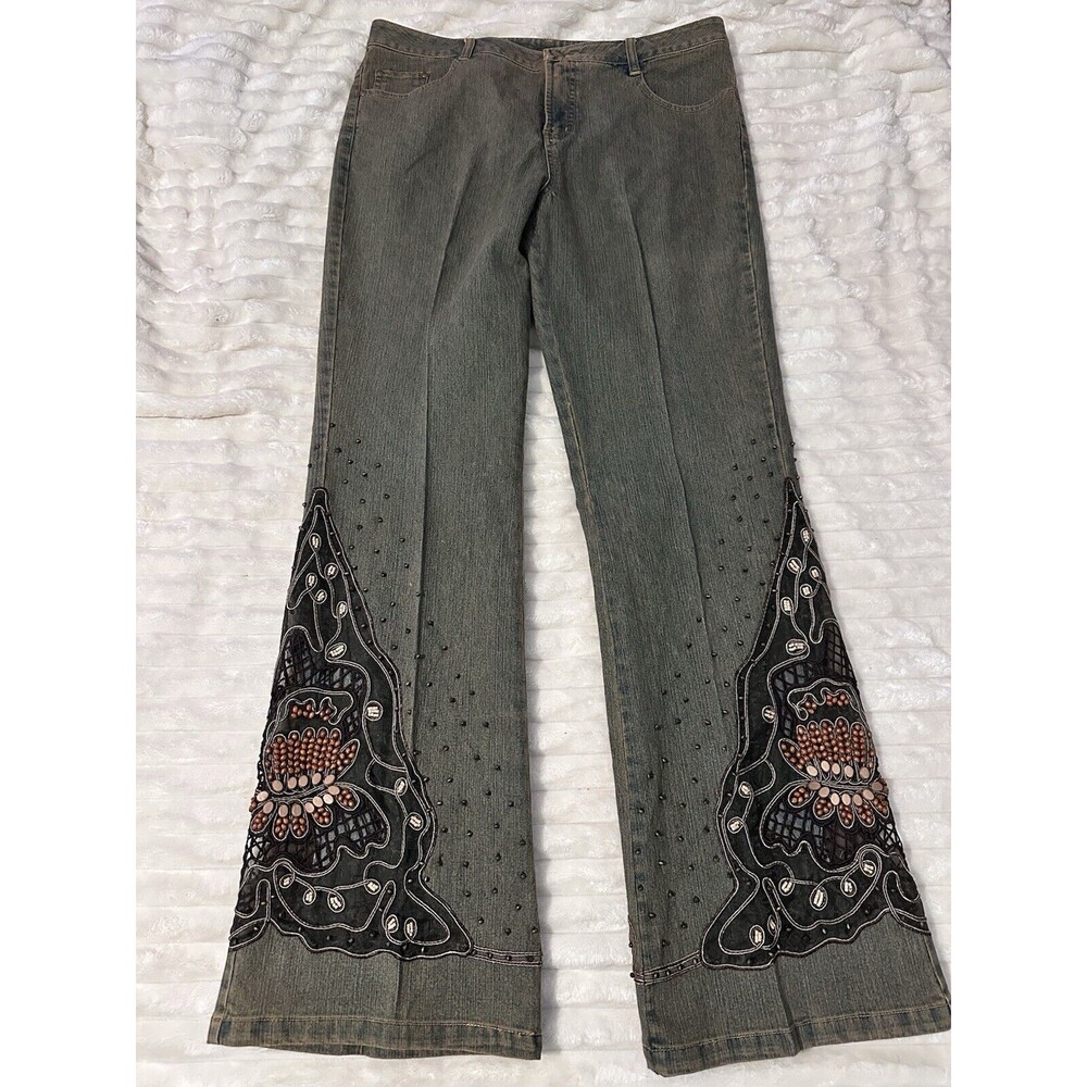 womens jeans Sharon Young Beaded Mesh Flare Jeans Size 12 Y2K
